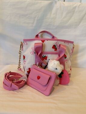 Mini Juicy CouturePink Strawberry Print Tote Bag with Matching Wallet and Strap